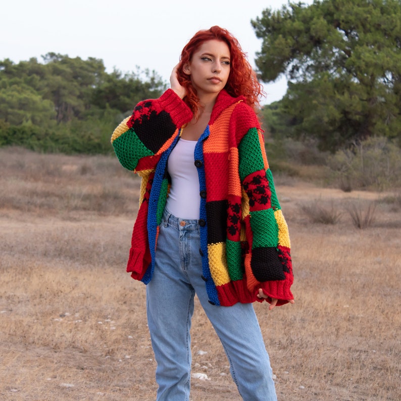 Hand Knit Patchwork Cardigan: Multicolor Oversized Sweater