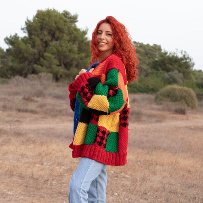 Hand Knit Patchwork Cardigan: Multicolor Oversized Sweater