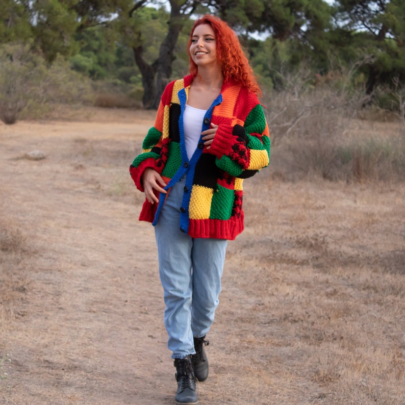 Hand Knit Patchwork Cardigan: Multicolor Oversized Sweater