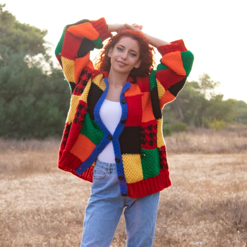 Hand Knit Patchwork Cardigan: Multicolor Oversized Sweater