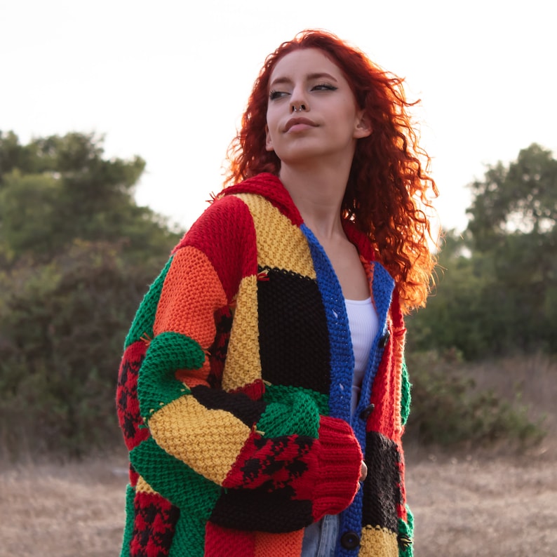 Hand Knit Patchwork Cardigan: Multicolor Oversized Sweater