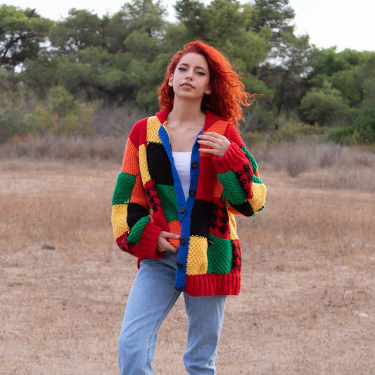 Hand Knit Patchwork Cardigan: Multicolor Oversized Sweater