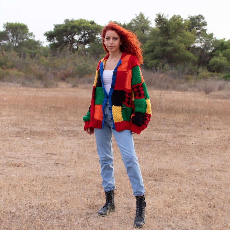 Hand Knit Patchwork Cardigan: Multicolor Oversized Sweater