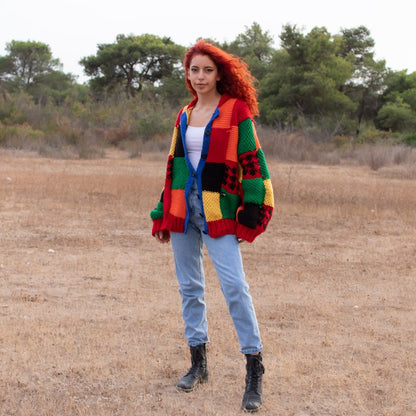Hand Knit Patchwork Cardigan: Multicolor Oversized Sweater