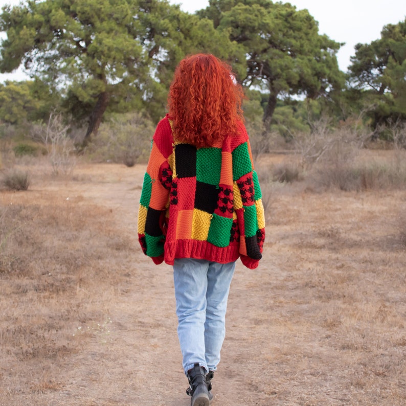 Hand Knit Patchwork Cardigan: Multicolor Oversized Sweater