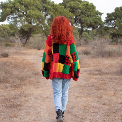 Hand Knit Patchwork Cardigan: Multicolor Oversized Sweater