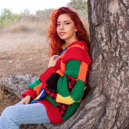 Hand Knit Patchwork Cardigan: Multicolor Oversized Sweater