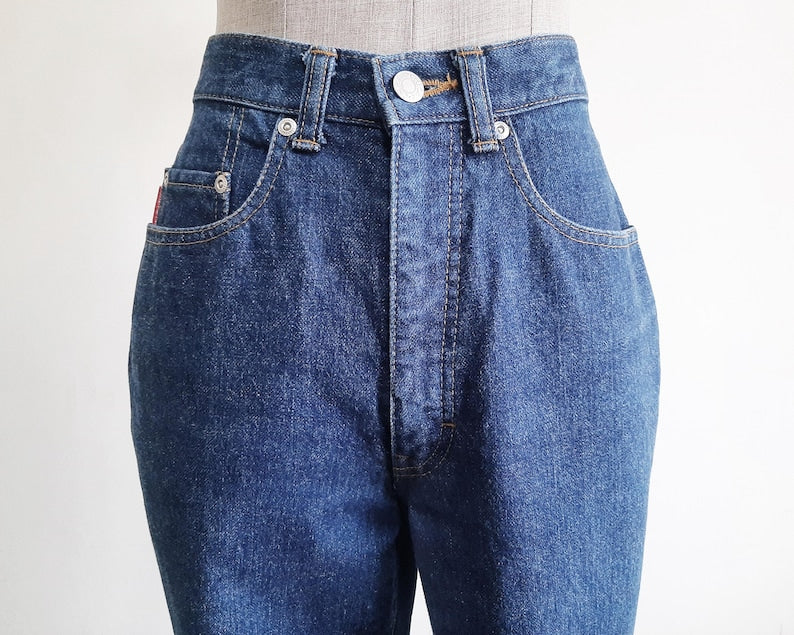 Vintage Blue Tapered Jeans Womens High Waisted Slim Fit Pants XS 25" Waist