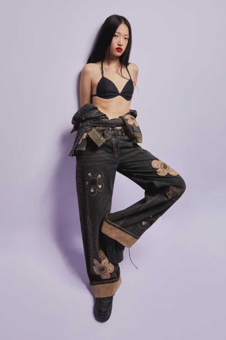 Embroidered Floral Wide Leg Jeans: High Waisted Boho Denim