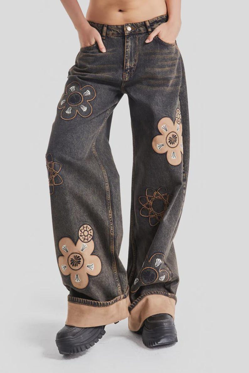 Embroidered Floral Wide Leg Jeans: High Waisted Boho Denim