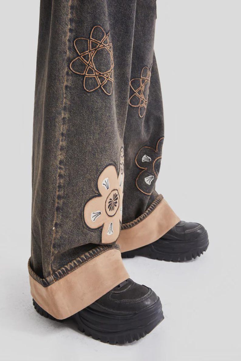 Embroidered Floral Wide Leg Jeans: High Waisted Boho Denim