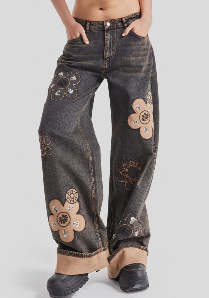 Embroidered Floral Wide Leg Jeans: High Waisted Boho Denim