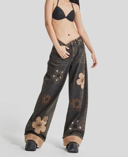 Embroidered Floral Wide Leg Jeans: High Waisted Boho Denim