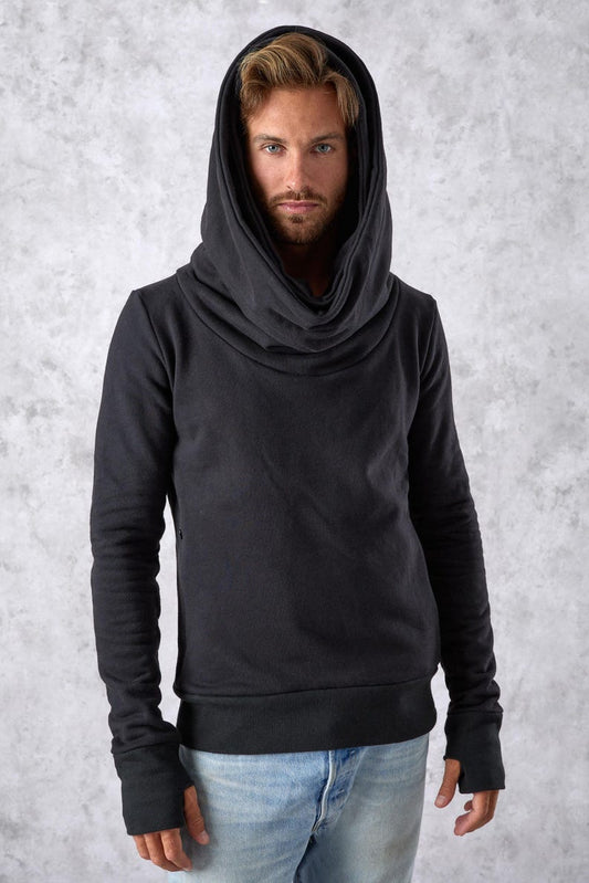 Warm Double Hoodie: Cotton Fleece Cyberpunk Pullover with Zipper Pockets and thumbholes
